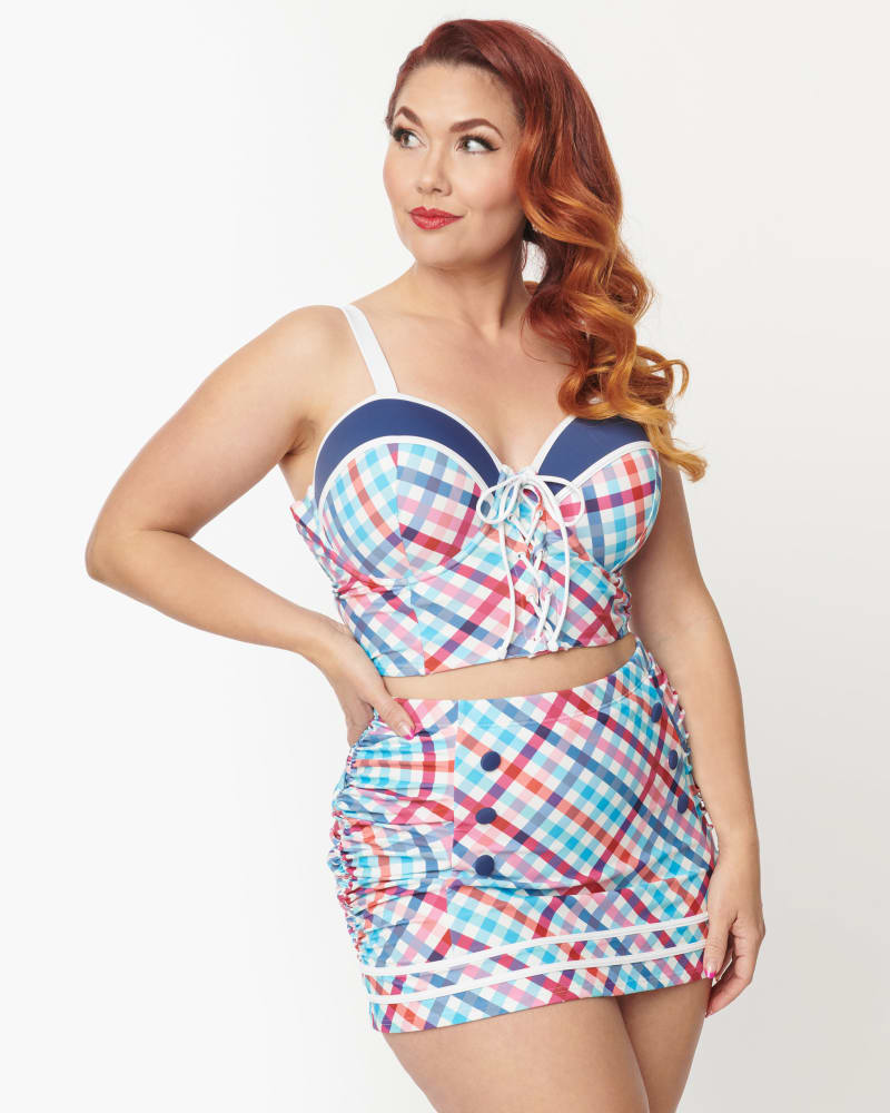 Front of a model wearing a size 3X Unique Vintage Pastel Madras Plaid Lace Up Swim Top in Pastel Madras Plaid by Unique Vintage. | dia_product_style_image_id:348010